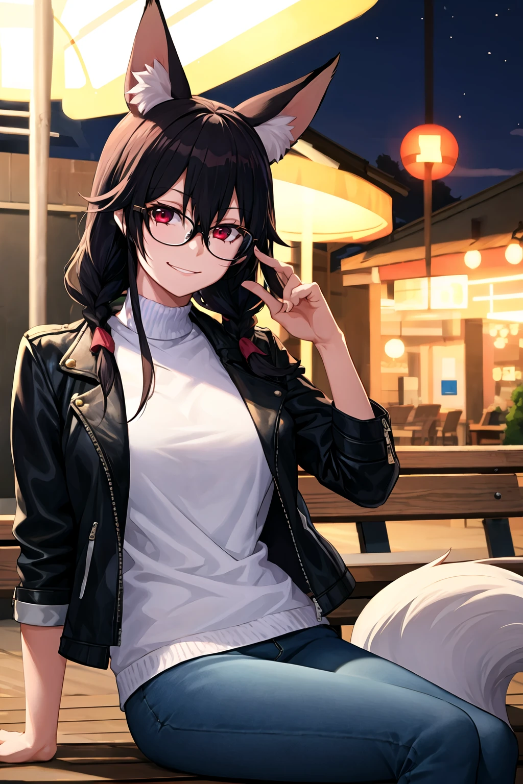 1girl, solo, sidelocks, twinbraids, (black hair), red eyes, smug, smirk, glasses, sitting, bench, partk, at night, long hair, white sweater, (leather jacket), (black jacket:1.2), fox girl, fox ears, fox tail, jeans, black tail, <lora:xiujia-yihuizi-style_1059928:1>