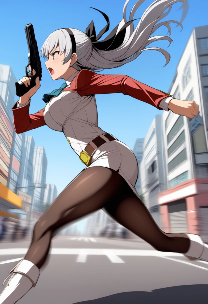 masterpiece, best quality, greatmosu <lora:elie-xl-nvwls-v1-000006:1> elie macdowell, hairband, hair ribbon, long red sleeves, white dress, pencil skirt, ascot, uniform, belt, pantyhose, white boots, running, from side, city street, serious, open mouth, holding handgun, handgun, motion blur, dynamic pose, blue sky