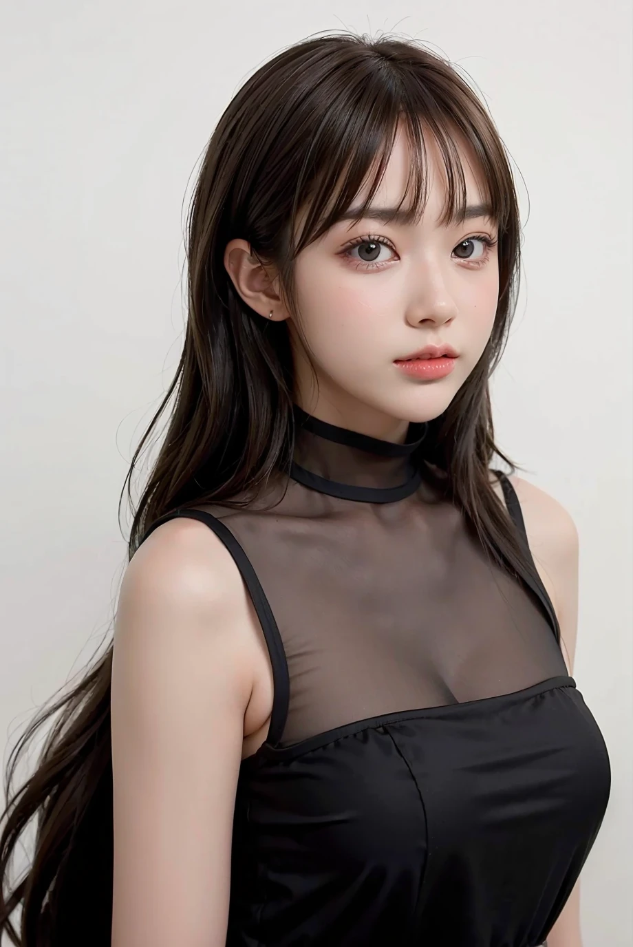 1girl,moyou,hair with bangs,black long dress,orange background, nude