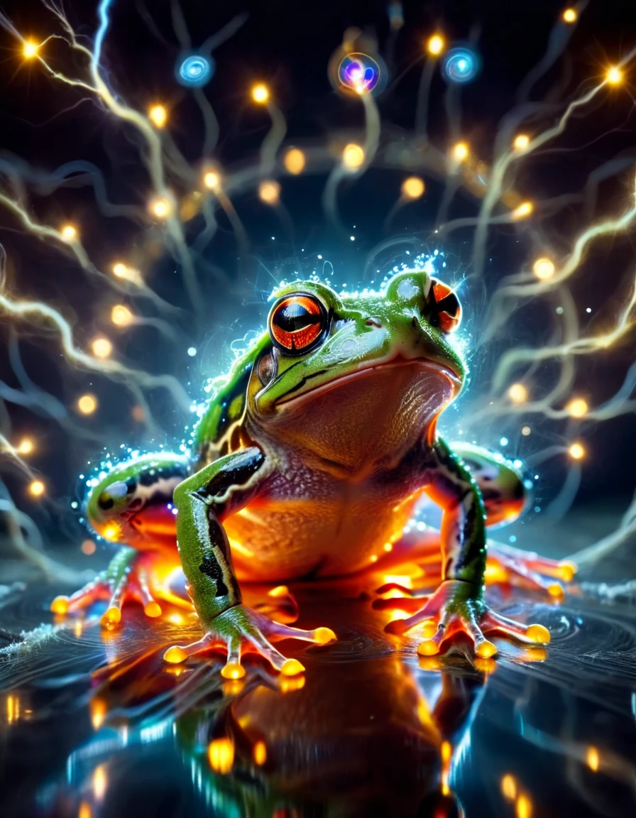 macro photo, a beautiful frog, Luminous lamp, Beautiful magical spark, Vibrant whimsical colors, Made by ral-obsdn