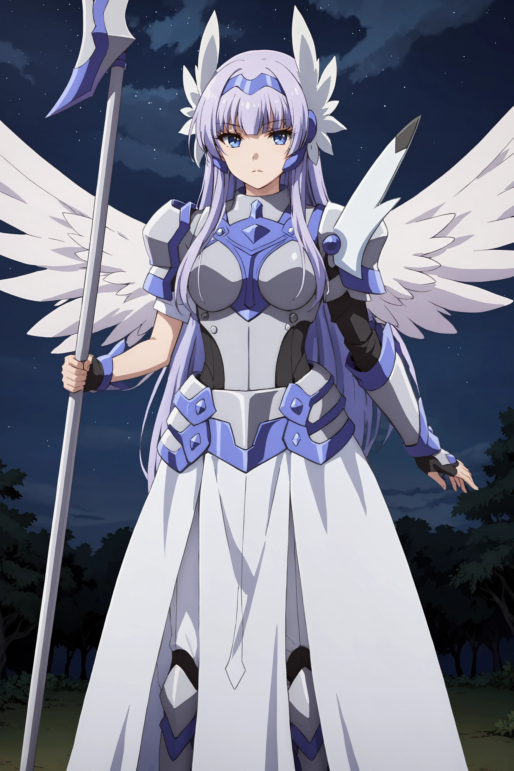 masterpiece, best quality, solo, standing, melfina, light purple hair, long hair, blue eyes, armor, breastplate, asymmetrical pauldrons, holding polearm, white long skirt, white pelvis curtain, headgear, angel wings, night sky background <lora:melfina-animaginexl-1:0.8>
