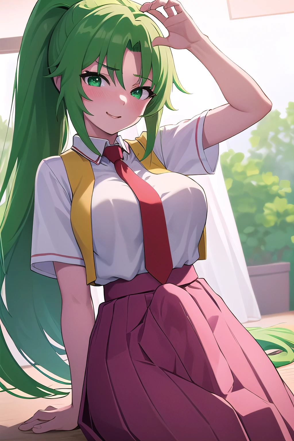masterpiece, best quality, ultra-high-detailed,erection under clothes, 1girl, Mion Sonozaki, green hair, green eyes, ponytail, white shirt, red necktie, yellow vest, red skirt,