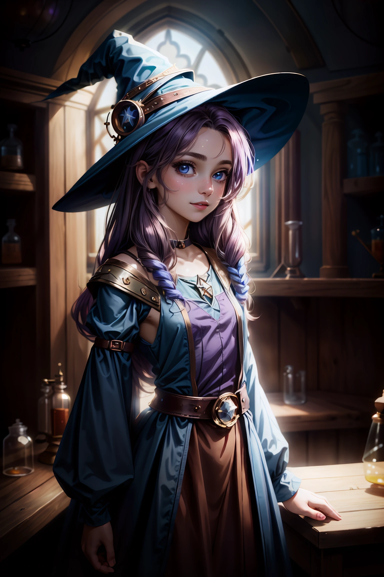 masterpiece, best quality, portrait of a 18yo woman , (underground alchemy laboratory),  color photo, cinematic, cinematic lighting, (whimsical witch, (small witch hat)), (potions, alchemy beakers, lab cauldron), rainbow colors, anime, gorgeous 18-year-old woman, perfect eyes, graceful, landscape shot,  upper body, looking at viewer, standing, happy, enthusiastic