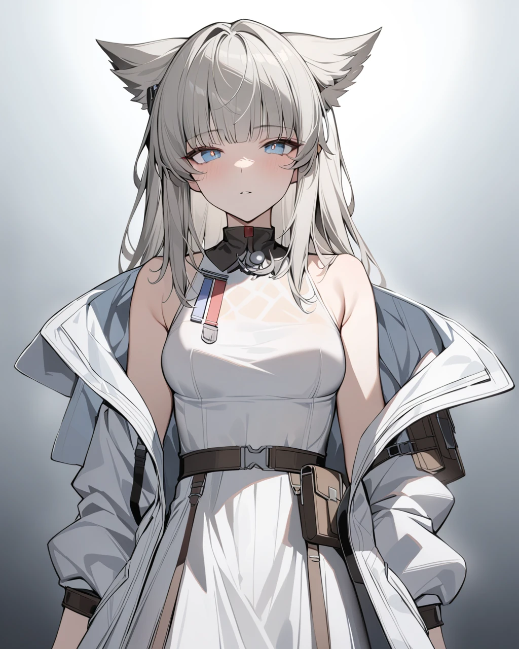 masterpiece, best quality, <lora:perlica:1>ï¼1girl, jacket, solo, dress, sleeveless_dress, open_jacket, sleeveless, long_hair, bare_shoulders, animal_ear_fluff, blue_eyes, white_dress, gloves, open_clothes, animal_ears, looking_at_viewer, bangs, off_shoulder, parted_lips, white_jacket, long_sleeves, grey_hair, breasts, cowboy_shot, cat_ears, small_breasts, grey_jacket