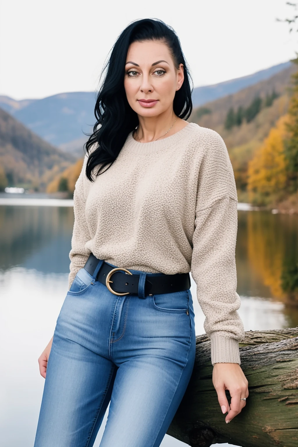 portrait of evaann, 45 y.o., wearing sweater, jeans, belt, sit on a log, lake at background, intricate details, detailed skin texture <lora:EvaAnn:1>