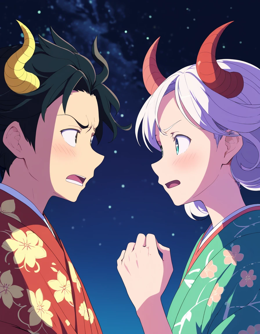 Two anime characters side by side, (surprised expression:1.2), (dark-haired character with demon horns:1.1), light-haired character with wide eyes, (starry night sky:1.1), subtle blush on cheeks, traditional Japanese clothing, detailed facial expressions, (dynamic interaction:1.3), vibrant animation style, soft lighting, (emotion-rich scene:1.2), (kimetsu no yaiba style:1.2)