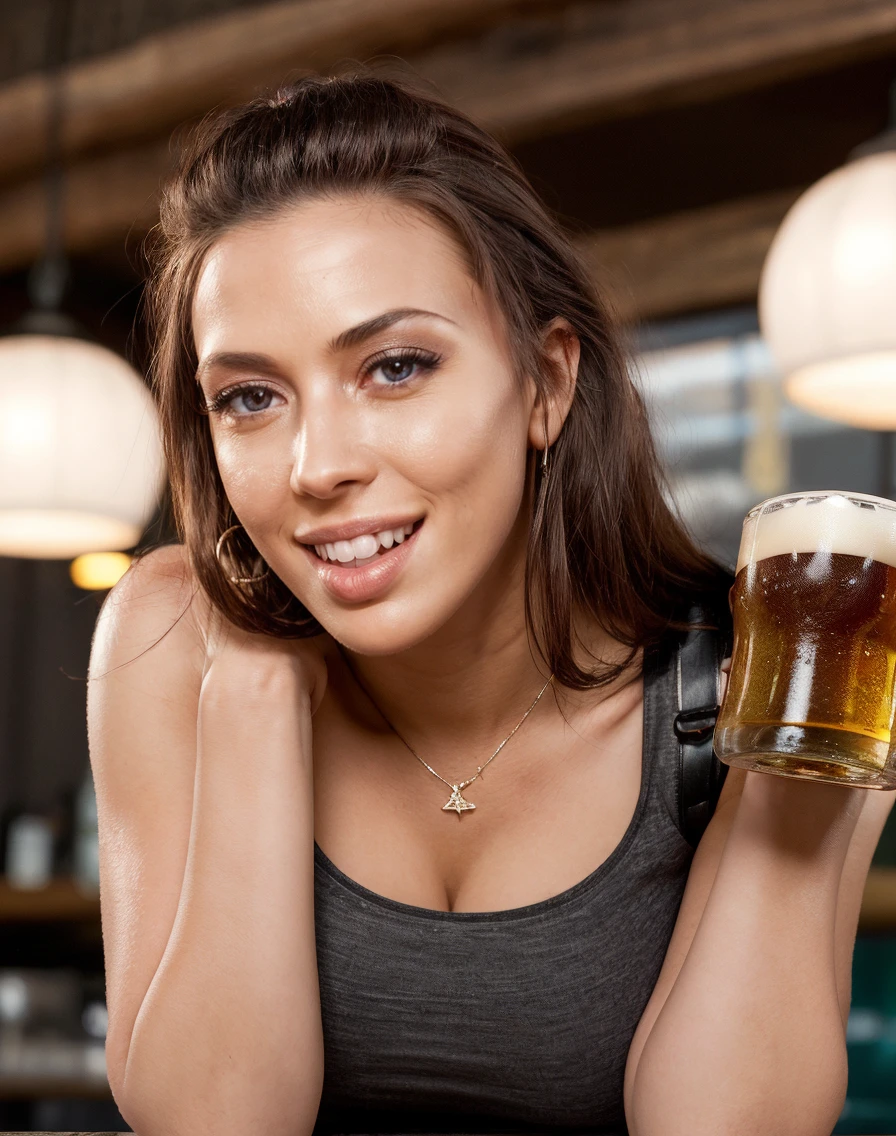 8k or higher image of a beautiful Spanish brunette with curly black hair full body ,warm smile with beautiful red lipstick.cinematic light sexy green bikini, attractive, sitting at a bar table next to a large window having a beer.(sun,in the background a hyper-detailed street of Seville), short red skirt