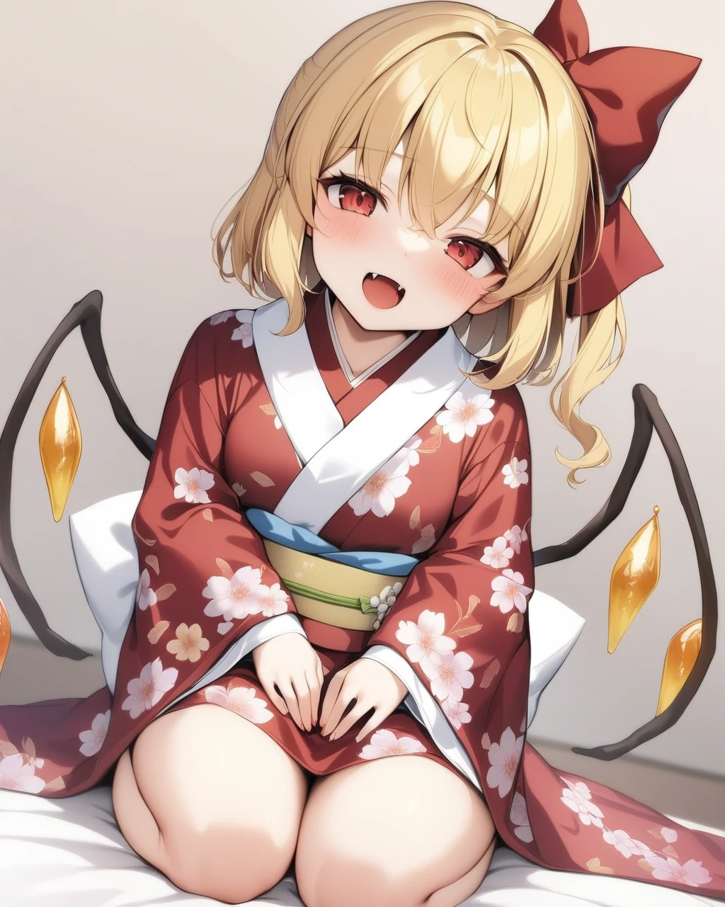 flandre scarlet,1girl, solo, seiza, open_mouth, looking_at_viewer, wings, alternate_costume, floral_print, obi, blush, :d, red_bow, hair_bow, long_sleeves, hands_on_lap, red_kimono, fangs, food, wide_sleeves, one_side_up, ribbon, full_body, head_tilt
<lora:flandre_scarlet_a3base-000005:1>,masterpiece, best quality