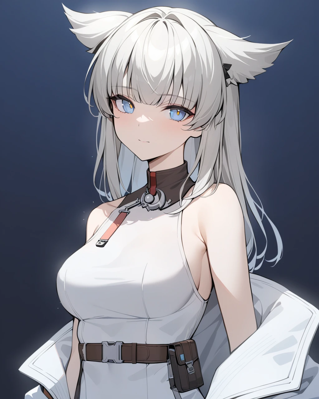 masterpiece, best quality,     <lora:perlica:1>ï¼1girl, solo, long_hair, blue_eyes, animal_ears, upper_body, off_shoulder, jacket, bare_shoulders, breasts, sleeveless, looking_at_viewer, open_clothes, medium_breasts, open_jacket, dress, bangs, closed_mouth, sleeveless_dress, black_jacket, white_jacket