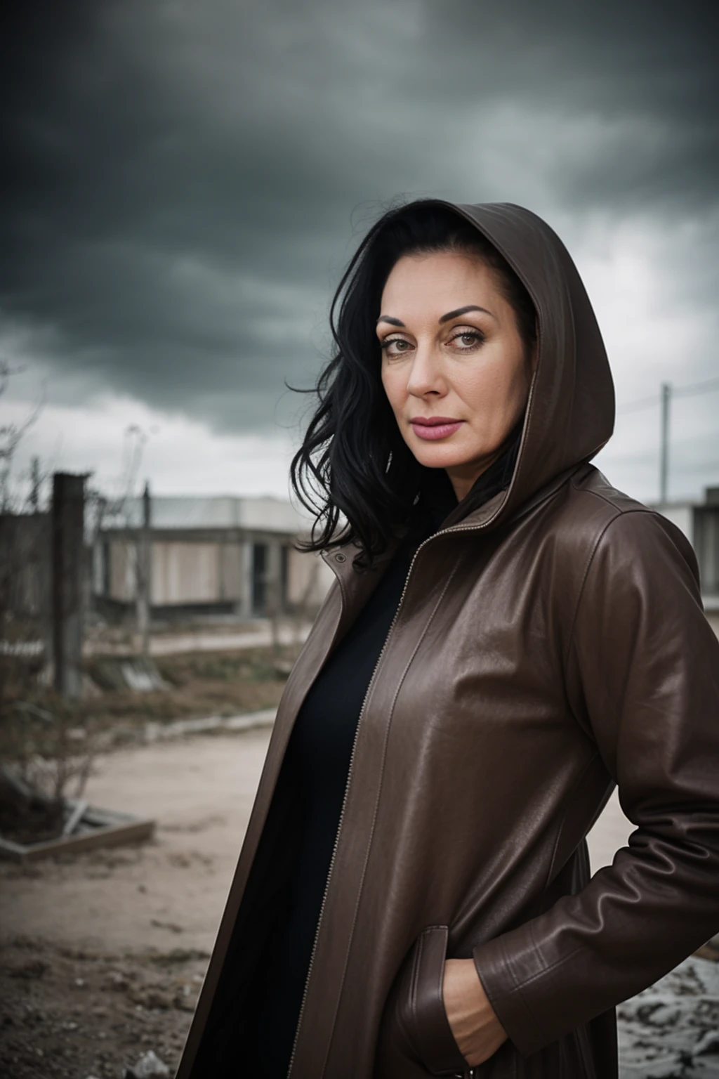 portrait of evaann, 45 y.o., wearing old [grey:brown:0.5] leather long coat with wide hood, post-apocalypse, (chernobyl:1.1), (pripyat:1.2), stormy sky, intricate details, (detailed skin texture:1.2) <lora:EvaAnn:1>