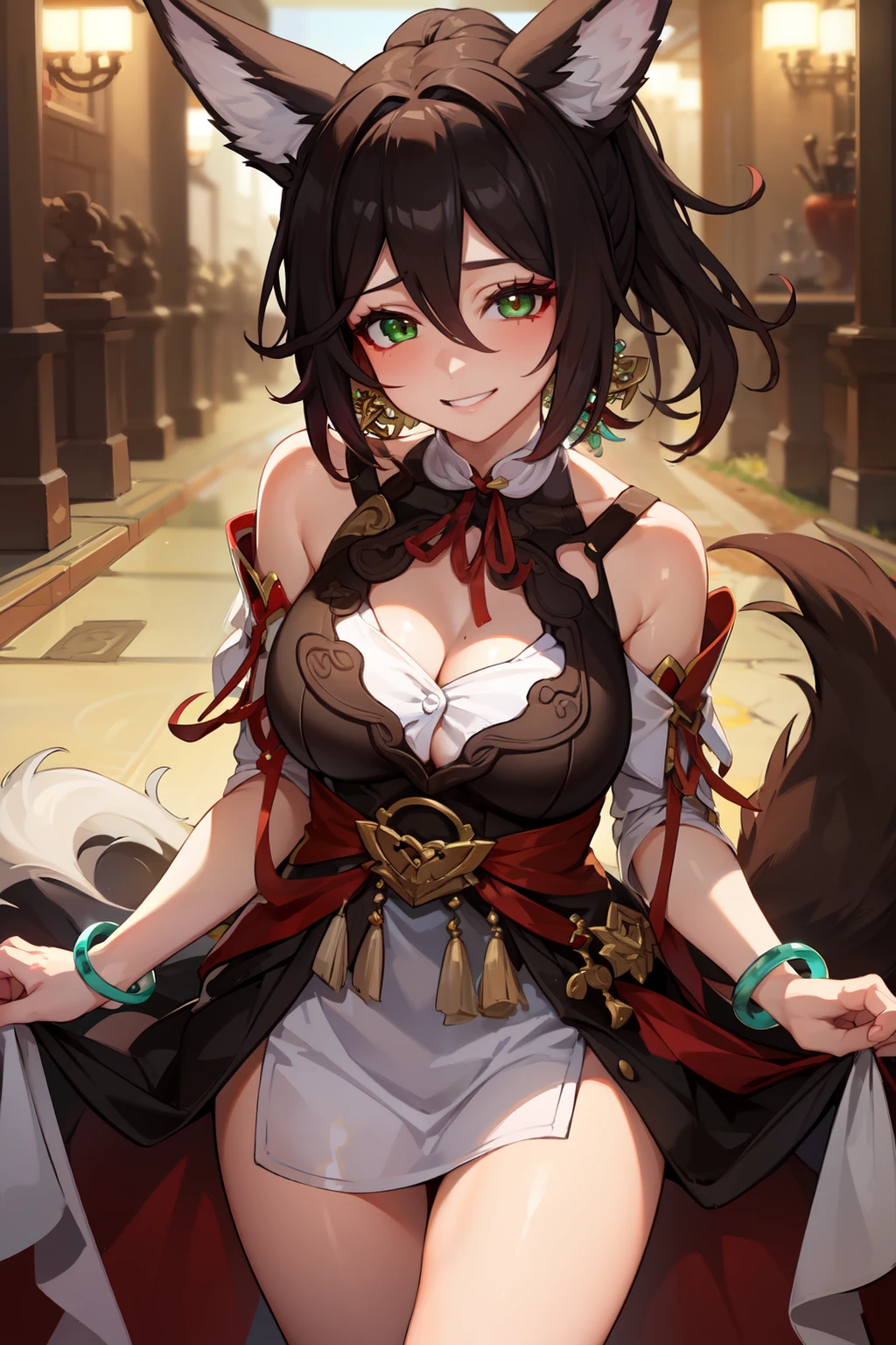 1girl, solo, (masterpiece, best quality:1.4), extremely detailed face, perfect lighting, <lyco:GoodHands-beta2:0.5>, <lora:tingyunhsr:1>, tingyunhsr, green eyes, hair between eyes, ponytail, animal ears, fox tail, jewelry, dress, cleavage, bracelet, clothing cutout, grin, cowboy shot,