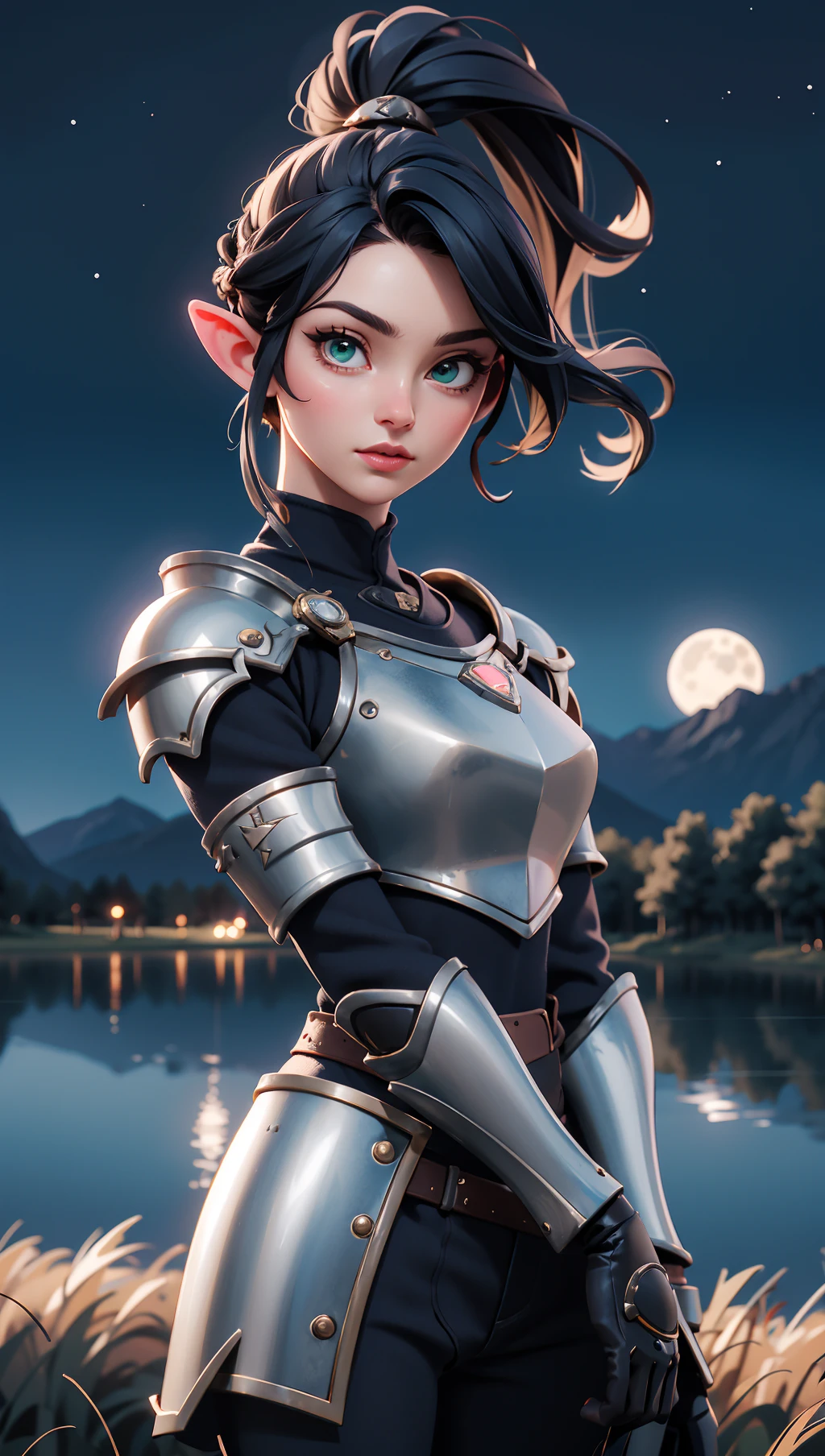 (Style-GHL:0.5),(Style-DA:1.1),dsshadowheart in a field with full of trees,long trees,(lake),beautiful view with mountains,black hair,long hair,ponytail,bangs,braid,hair ornament,pointy ears,green eyes,circlet,armor,((fully armored)),dark silver and leather armor,breastplate,pauldrons,action scene,moon shining in the sky,(cute:0.8),(beautiful:0.8),beautiful model body,skin details,((colorful)),(dramatic lighting, cinematic lighting, volumetric lighting:1.1),dark,(starry night),professional photography,intricate,intricately detailed face and eyes,sharp focus,realistic body proportions,well drawn,masterpiece,ultra detailed,high quality,best quality,4k,8k,