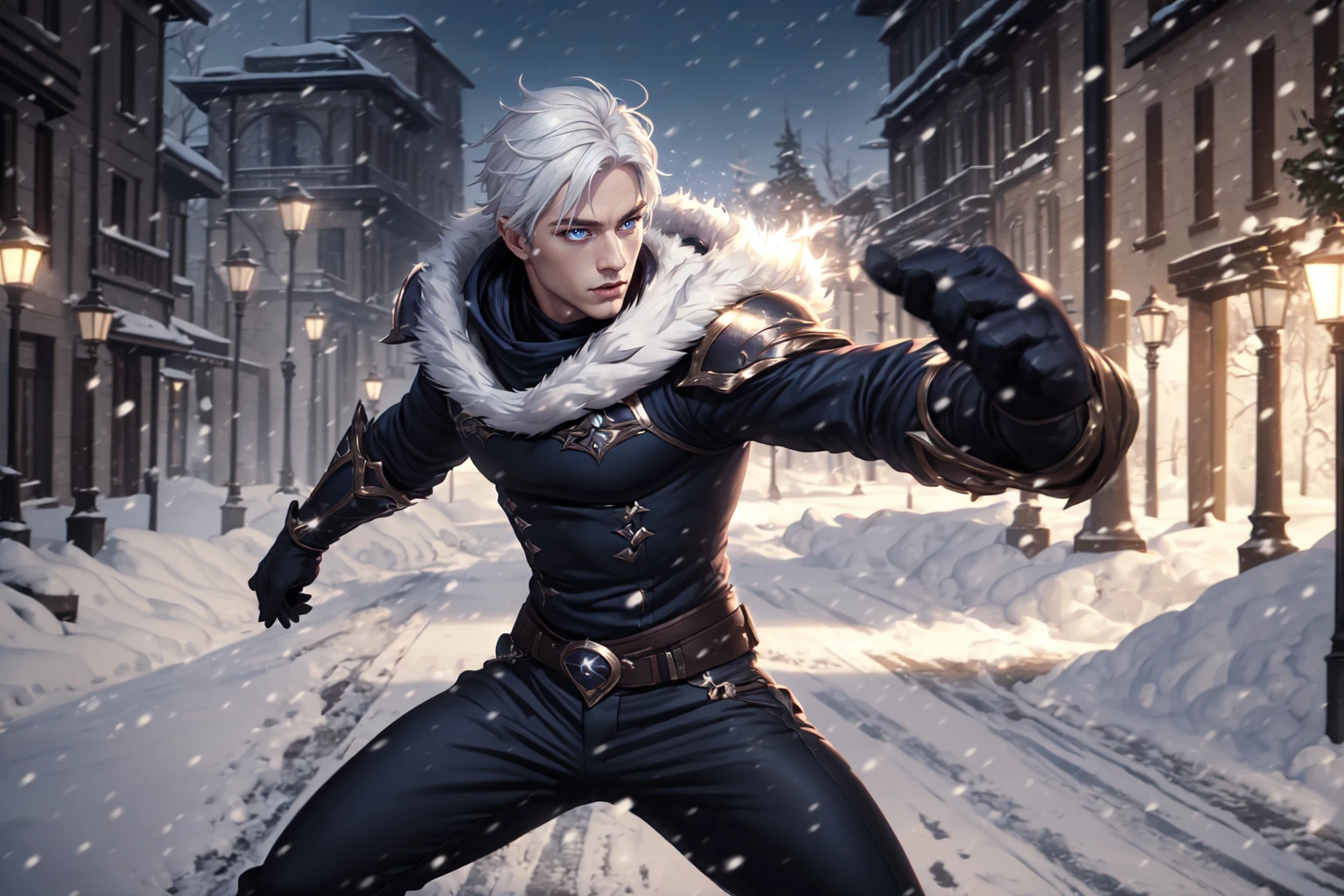 LoL Style, 1boy, armor, black pants, blue eyes, fighting stance, gloves, glowing, hood, male focus, outdoors, pants, short hair, snow, solo, weapon, white hair, wide shot, LimitBreakStyler, <lora:LeagueStyles:0.8>