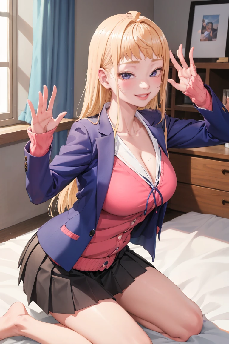 masterpiece, best quality, absurdres, FuyukiMinami, blue jacket, pink cardigan, cleavage, grey skirt, smile, seiza, indoors, on bed, waving at viewer, <lora:FuyukiMinami:1>