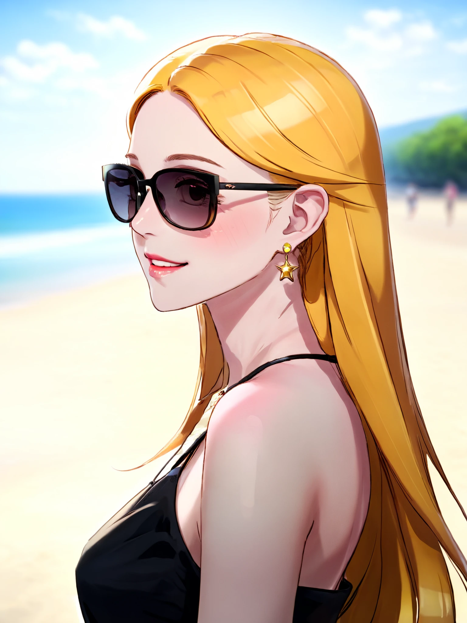 masterpiece, best quality, highres,a portrait of a woman with sunglasses on standing on a beach,1girl,solo,long hair,looking at viewer,smile,blonde hair,bare shoulders,jewelry,closed mouth,earrings,outdoors,day,looking back,blurry,lips,blurry background,sunglasses,