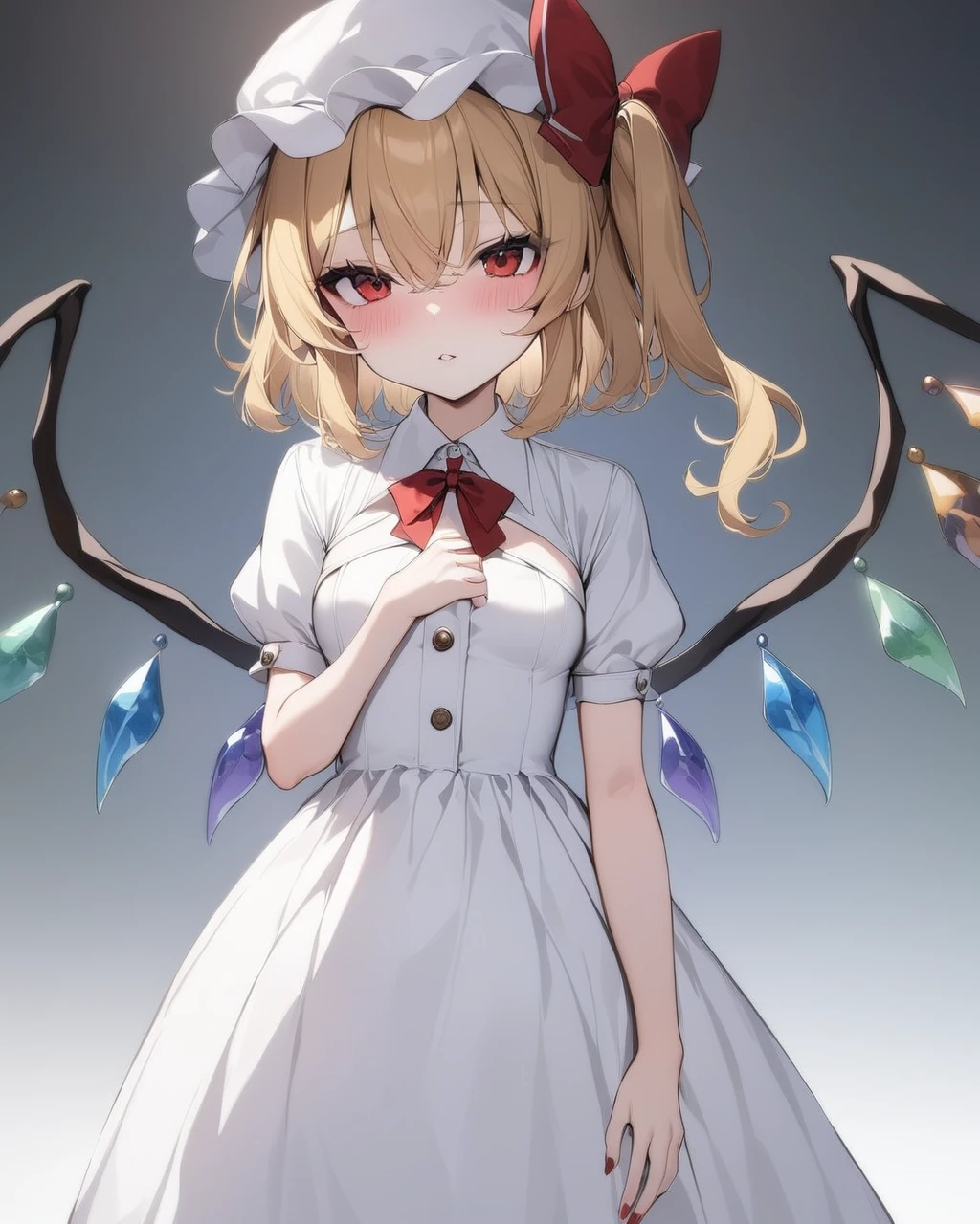 flandre scarlet,1girl, solo, wings, puffy_short_sleeves, white_dress, looking_at_viewer, crystal, one_side_up, red_nails, standing, alternate_costume, nail_polish, hat_bow, parted_lips, cowboy_shot, red_bow, buttons, collared_dress, gradient, gradient_background, fingernails, ribbon, blush, small_breasts
<lora:flandre_scarlet_a3base-000005:1>,masterpiece, best quality