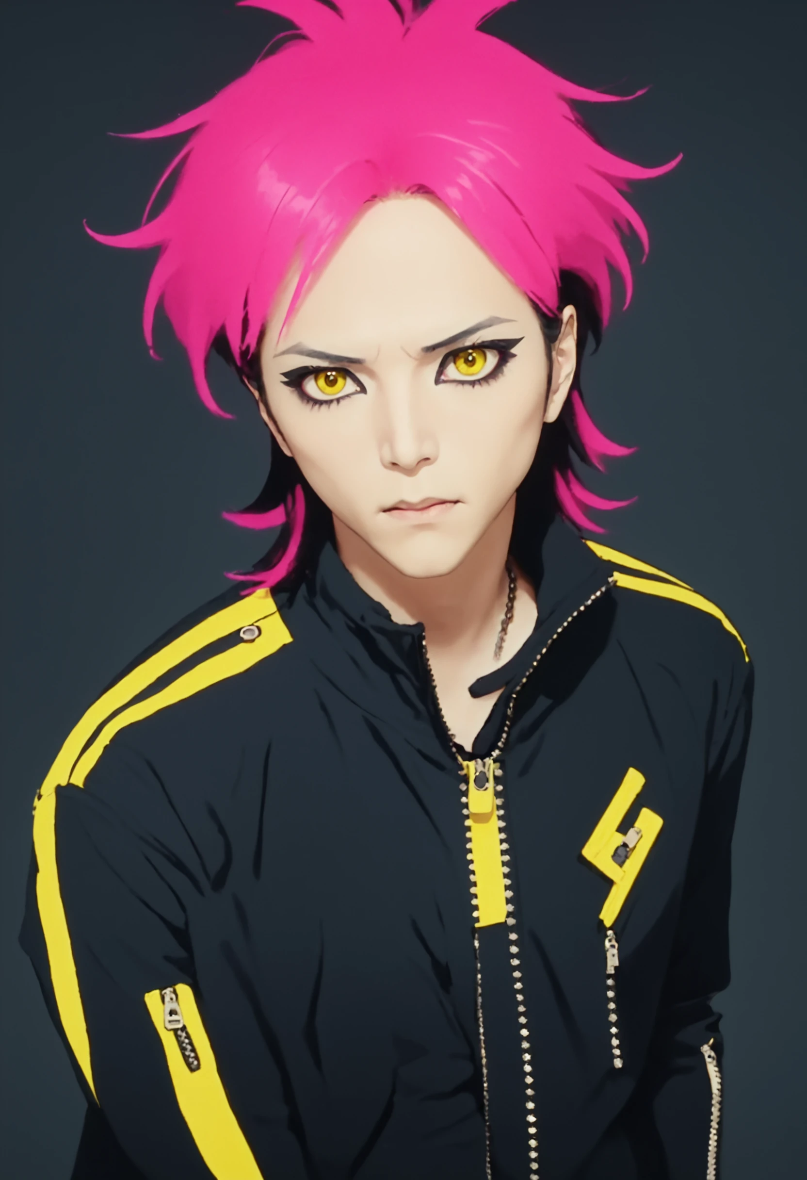 Hideto Matsumoto, solo, looking at viewer, 1boy, closed mouth, jacket, upper body, male focus, pink hair, black eyeshadow, eyeliner, makeup, zipper, yellow theme, masterpiece, official art, <lora:hide_SDXL:0.6>