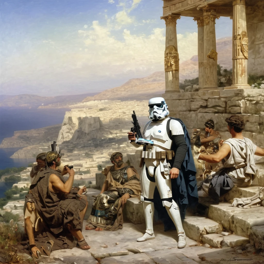 Painting of star wars detailed stormtrooper in ancient Greece, style of ancient acadamic mythological by Henryk Siemiradzki <lora:Acdemical_paintings_of_Henryk_Siemiradzki:1>