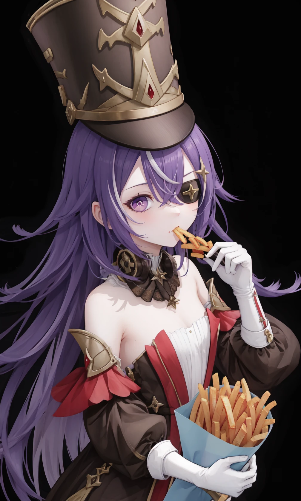 <lora:å¤æ²è¾-000019:1>,Chevreuse,1girl,food,food on face,solo,hat,purple hair,holding,eyepatch,french fries,long hair,gloves,eating,purple eyes,holding food,looking at viewer,white gloves,white background,bare shoulders,bangs,military hat,uniform,hair between eyes,simple background,chicken \(food\),, 1girl,
,  (masterpiece,best quality:1.2),absurdres