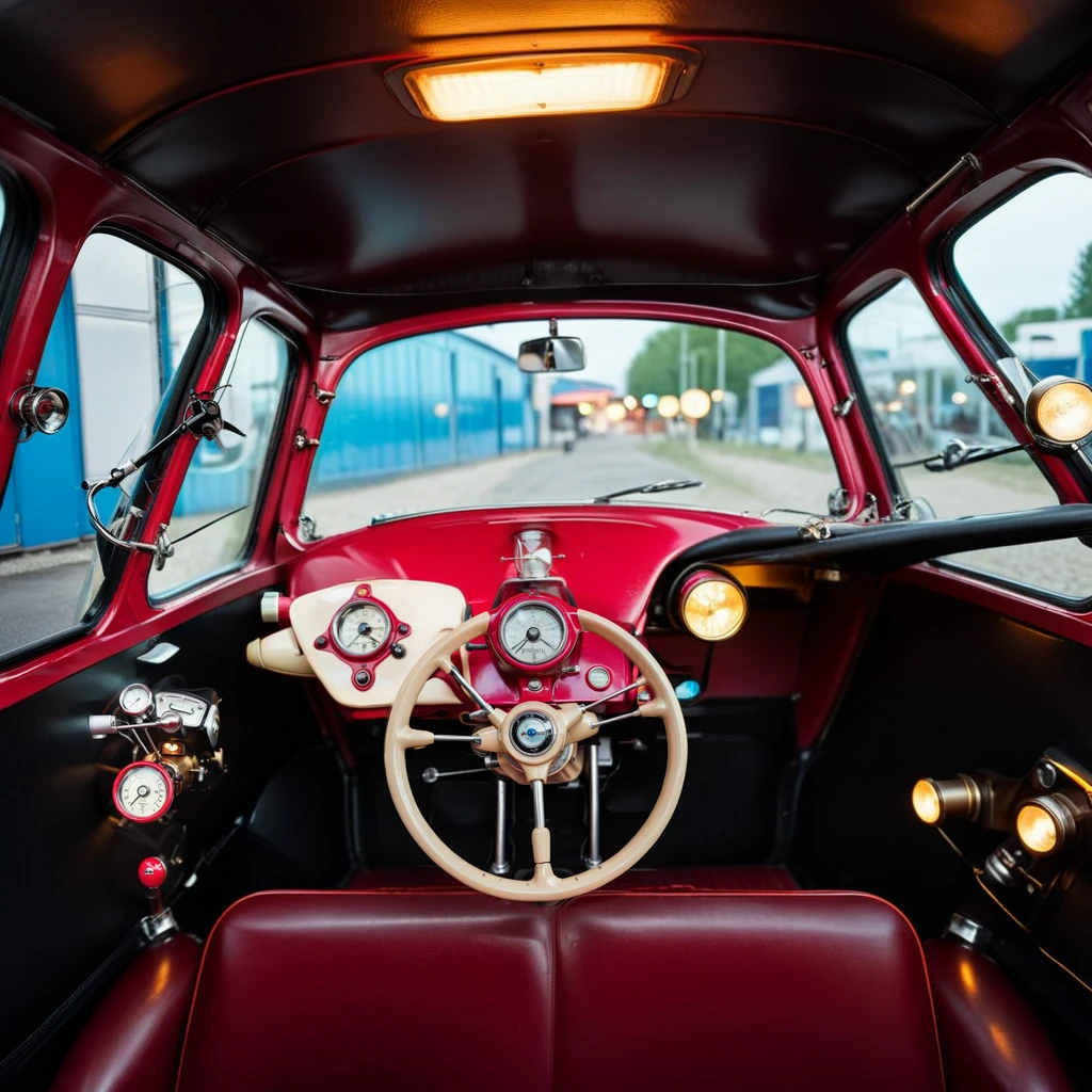 Isetta1024, cinematic photo inside a car <lora:Isetta1024-000230:0.9>, steampunk background, neon lights, . 35mm photograph, film, bokeh, professional, 4k, highly detailed