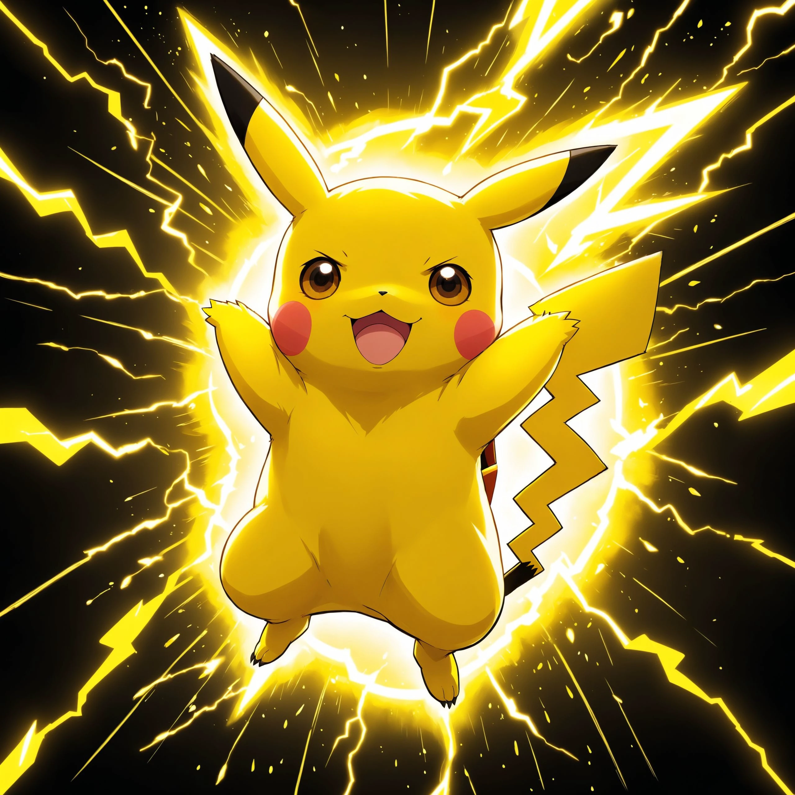 anime artwork Simple cartoon, Pikachu poster, Jumping Pikachu, (looking angry) with (Large Yellow lightning flying out of Pikachu),  dreamy, ((Plain Black background)) (surrounded by Yellow electric arc light) . anime style, key visual, vibrant, studio anime,  highly detailed