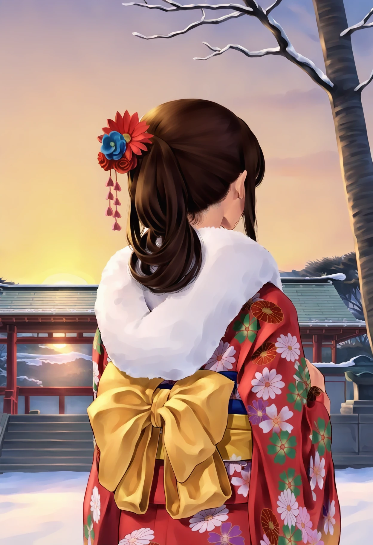 1girl, akagi \(kancolle\), kantai collection, wa \(genryusui\), from behind, facing away, hair up, upper body, red kimono, obi, (yellow bow), (hair flower on side), furisode, hair ornament, floral print, print kimono, long sleeves, wide sleeves, sunrise, dawn, snow, winter, fur trim, natural lighting, (masterpiece, best quality), detailed background, (3d render:0.5), highly detailed, finely detailed <lora:akagi_ny_animaginexl_2-10:0.9>