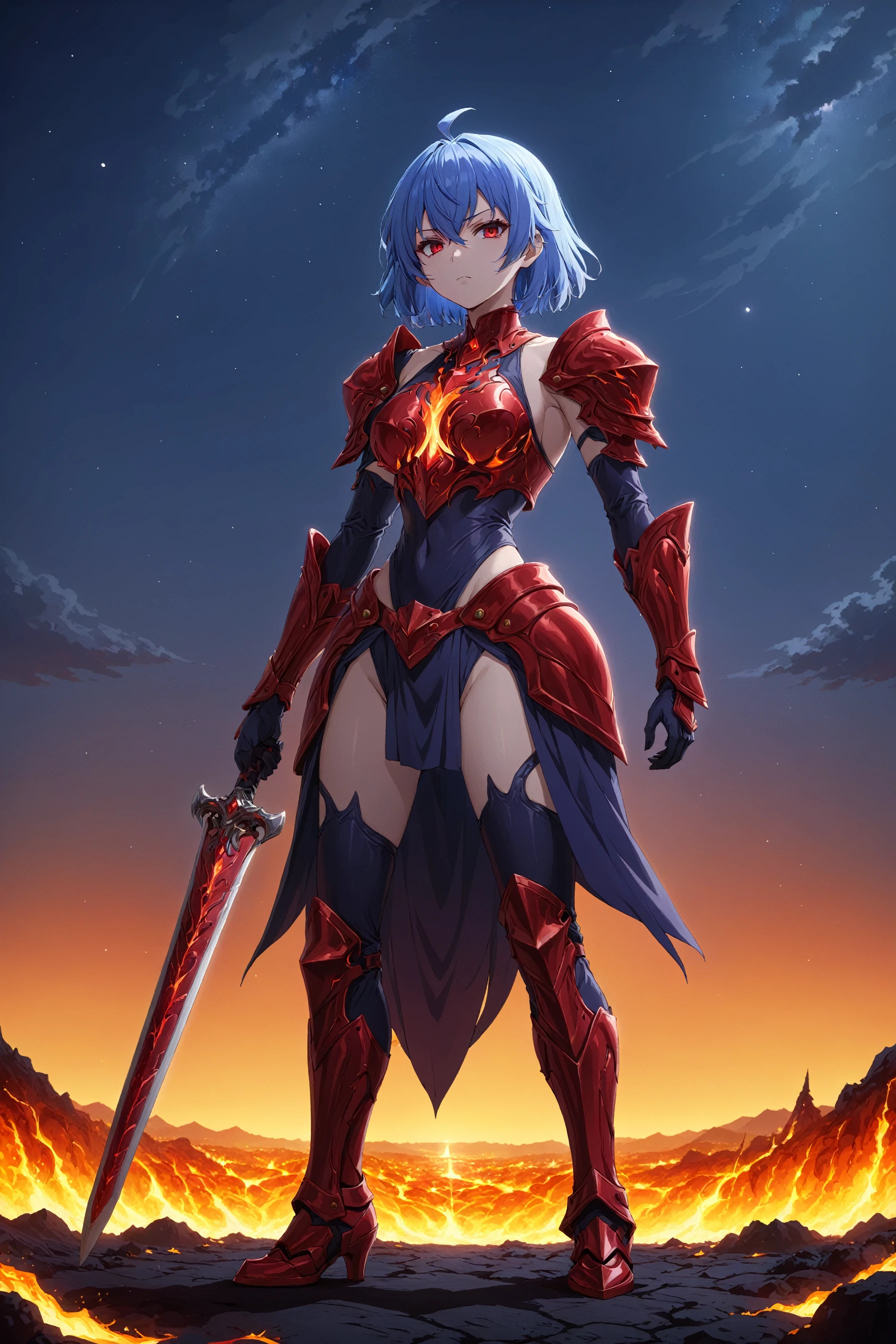 masterpiece, best quality, standing, evil villain, rutiragnason, blue hair, red eyes, short hair, ral-lava armor, night sky in the background <lora:ruti-animaginexl-1-000008:0.5> <lora:ral-lava-sdxl:0.8>