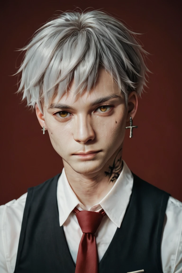 score_9, score_8_up, score_7_up, score_6_up, score_5_up, score_4_up, 1boy, solo, necktie, male focus, earrings, jewelry, shirt, tattoo, cross, neck tattoo, red necktie, looking at viewer, white shirt, vest, collared shirt, black vest, upper body, short hair, cross earrings, white hair, yellow eyes, red background, brown eyes, bangs, closed mouth, grey hair, black background <lora:Photo Style LoRA XL:1>