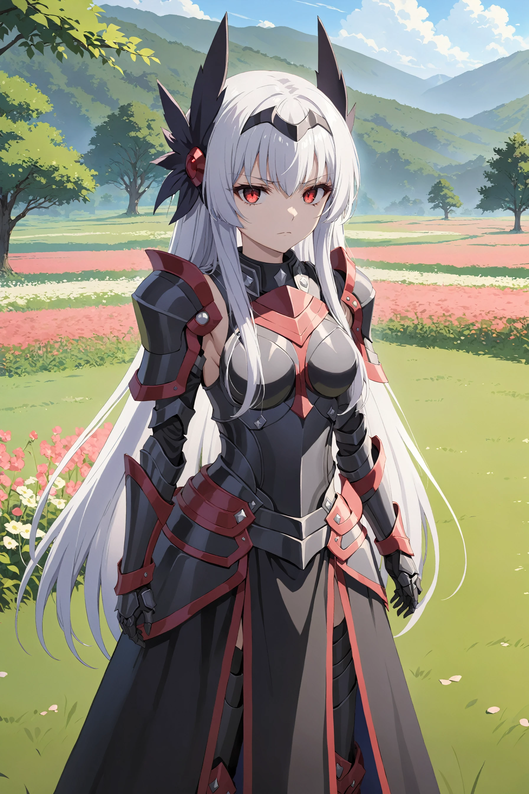 masterpiece, best quality, solo, standing at attention, mel, white hair, long hair, red eyes, black armor, evil armor, black headgear, fallen to evil, garden field background <lora:melfina-animaginexl-1:0.8>
