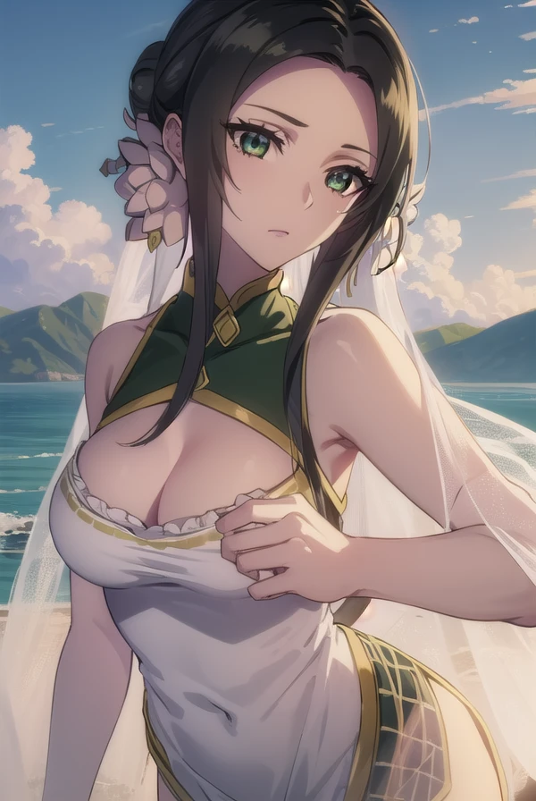 osthourai, <lora:ost hourai s2-lora-nochekaiser:1>,
ost hourai, long hair, black hair, (green eyes:1.3), (parted bangs:1.5), hair bun, single hair bun, flower, hair ornament, hair flower,
BREAK dress, cleavage, bare shoulders, clothing cutout, tattoo, chinese clothes, cleavage cutout, china dress,
BREAK outdoors, forest, nature, sky, sun, clouds,
BREAK looking at viewer, (cowboy shot:1.5),
BREAK <lyco:GoodHands-beta2:1>, (masterpiece:1.2), best quality, high resolution, unity 8k wallpaper, (illustration:0.8), (beautiful detailed eyes:1.6), extremely detailed face, perfect lighting, extremely detailed CG, (perfect hands, perfect anatomy),