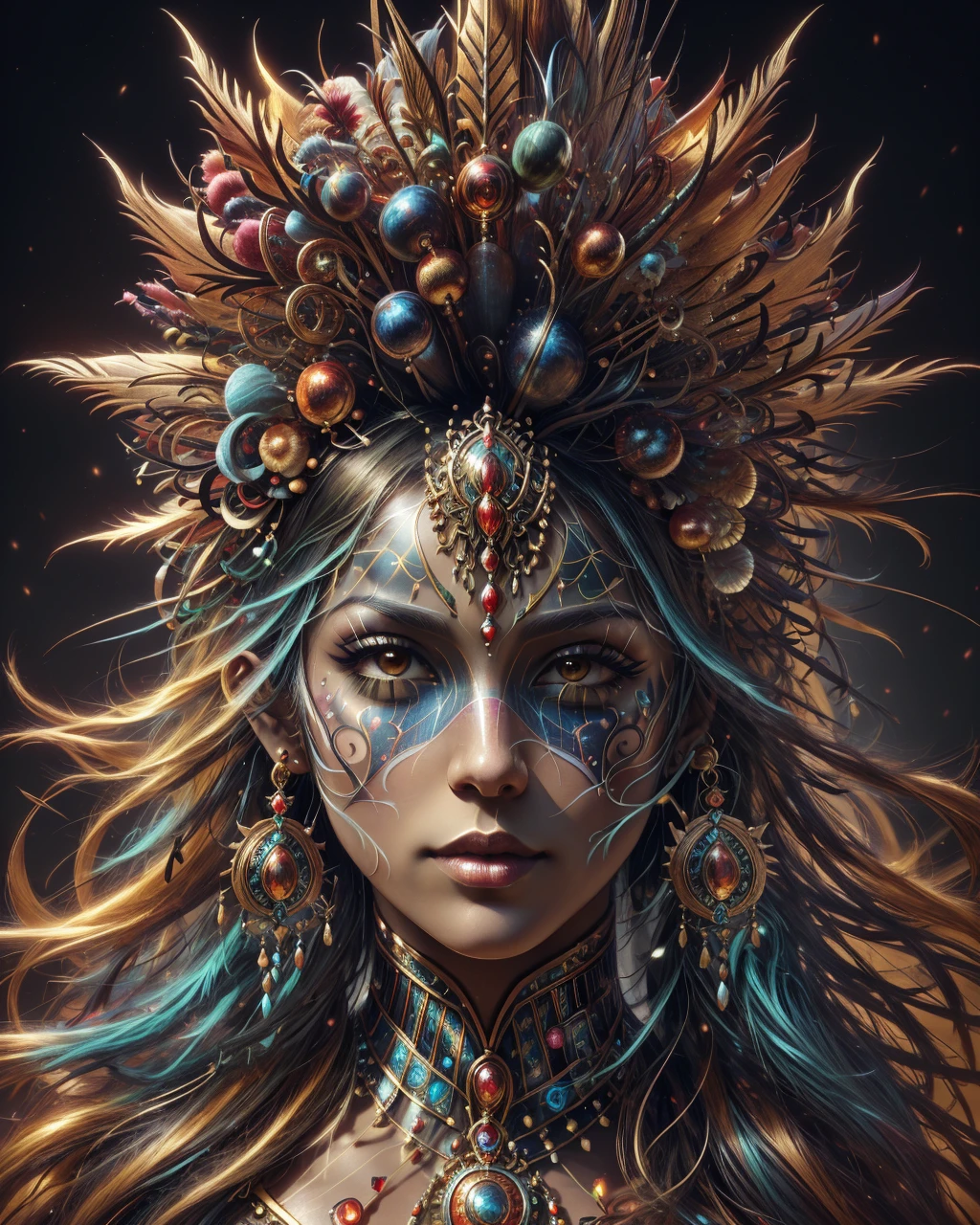 Image of a demon with a bird's headdress and feathers, Esao Andrews : : Fleuri, Godmachine, Works Ivan Plusch, goddess. extremely high detail, pascal blanche, Guerrier aviaire, hyperdetailed fantasy character, Inspired by James Christensen, symmetrical epic fantasy art, Thomas Veyrat complexe, surreal + highly detailed