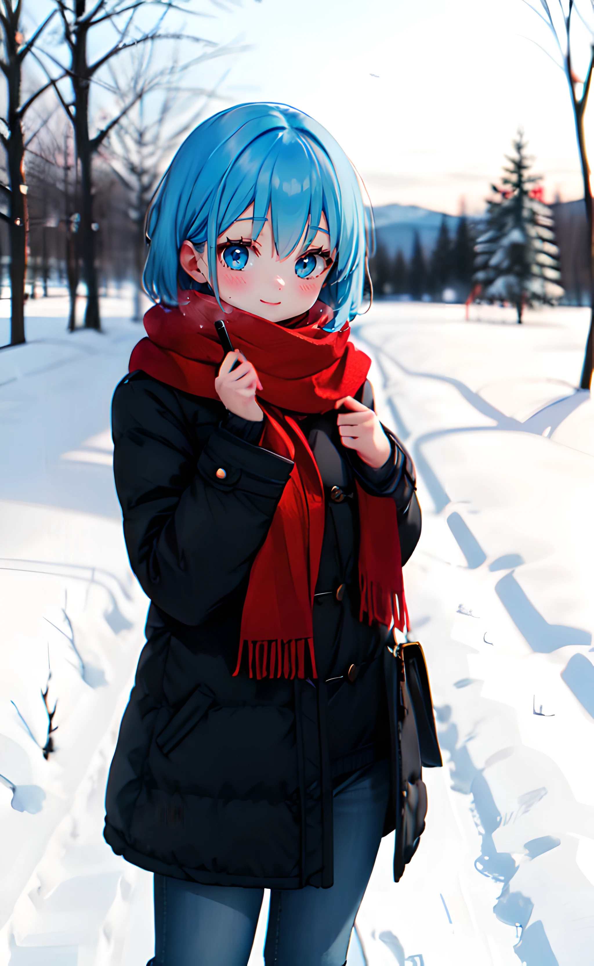 1girl, cowboy shot, standing, short hair, blue hair, blue eyes, red scarf, winter clothes, long sleeves, closed mouth, smile, outdoors, winter, snow, day, sunlight