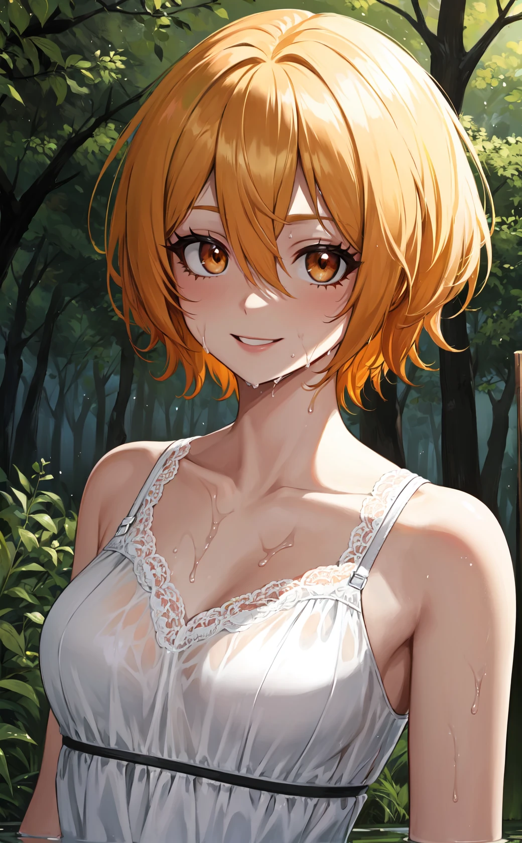 masterpiece, best quality, highres,
dondef, 1girl, solo, short hair, blonde hair, smile, yellow eyes, hair between eyes, orange eyes, 
dress, see-through, wet clothes, wet, yellow dress, lace trim, lace, sleeveless, bare shoulders, collarbone, 
upper body, outdoors, forest, field, night, darkness, shadow, <lora:LoRA_Don:1>