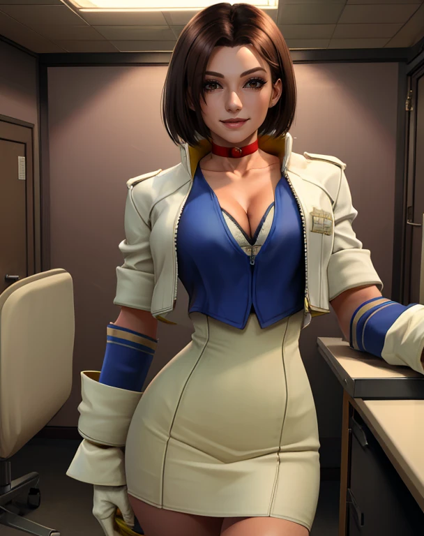 Alice.brown hair,short hair,brown eyes,cleavage,
choker,white,cropped jacket,jacket,gloves,skirt,
standing,smile,
hospital room.,
(insanely detailed, beautiful detailed face, masterpiece, best quality),<lora:Alice:0.8>,