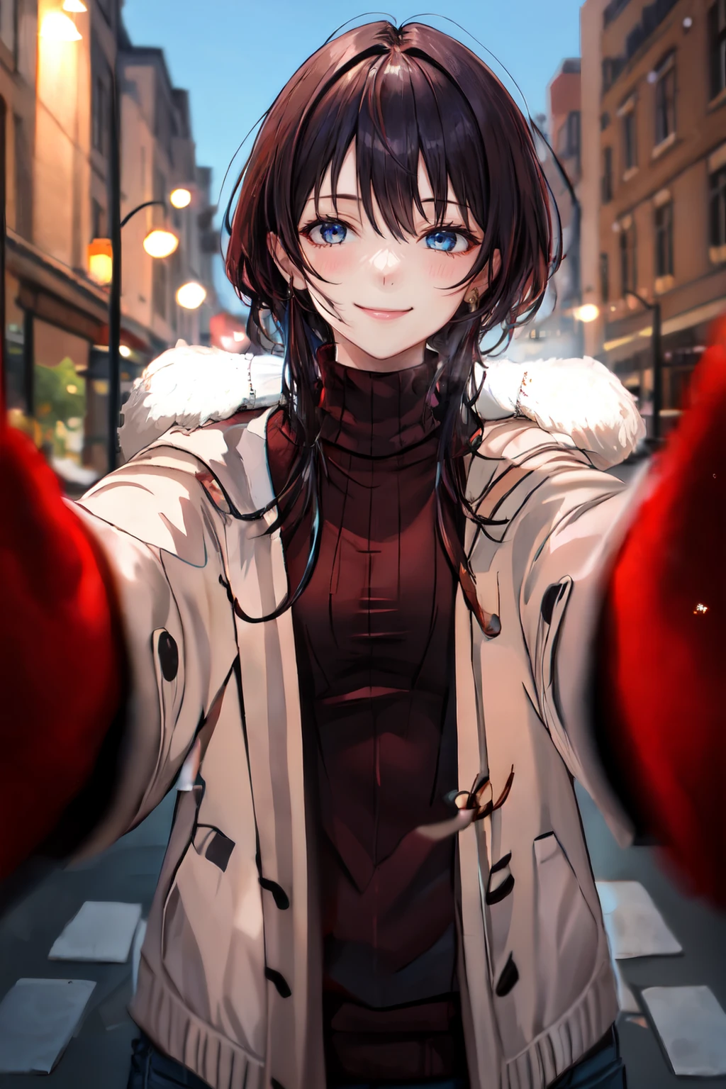 pov cheek warming, 1girl, smile, solo, looking at viewer,ribbed sweater, turtleneck sweater,^ ^, reaching out, <lora:pov_cheek_warming:1>