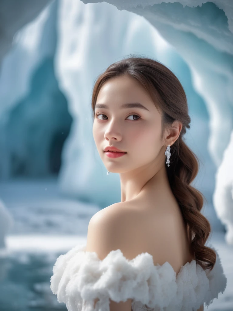 <lora:ä¸æ¹å®¡ç¾ _ BRairt.SDXL_v1.0_0.5+zhenren_0.5:0.7>facial close-up composition,1girl,look at view,happy,ice cave,beautiful facial features,real skin,white folding wedding dress,exquisite decoration,level depth of field,bare shoulder,huge skirt,reflection,everywhere ice cubes,