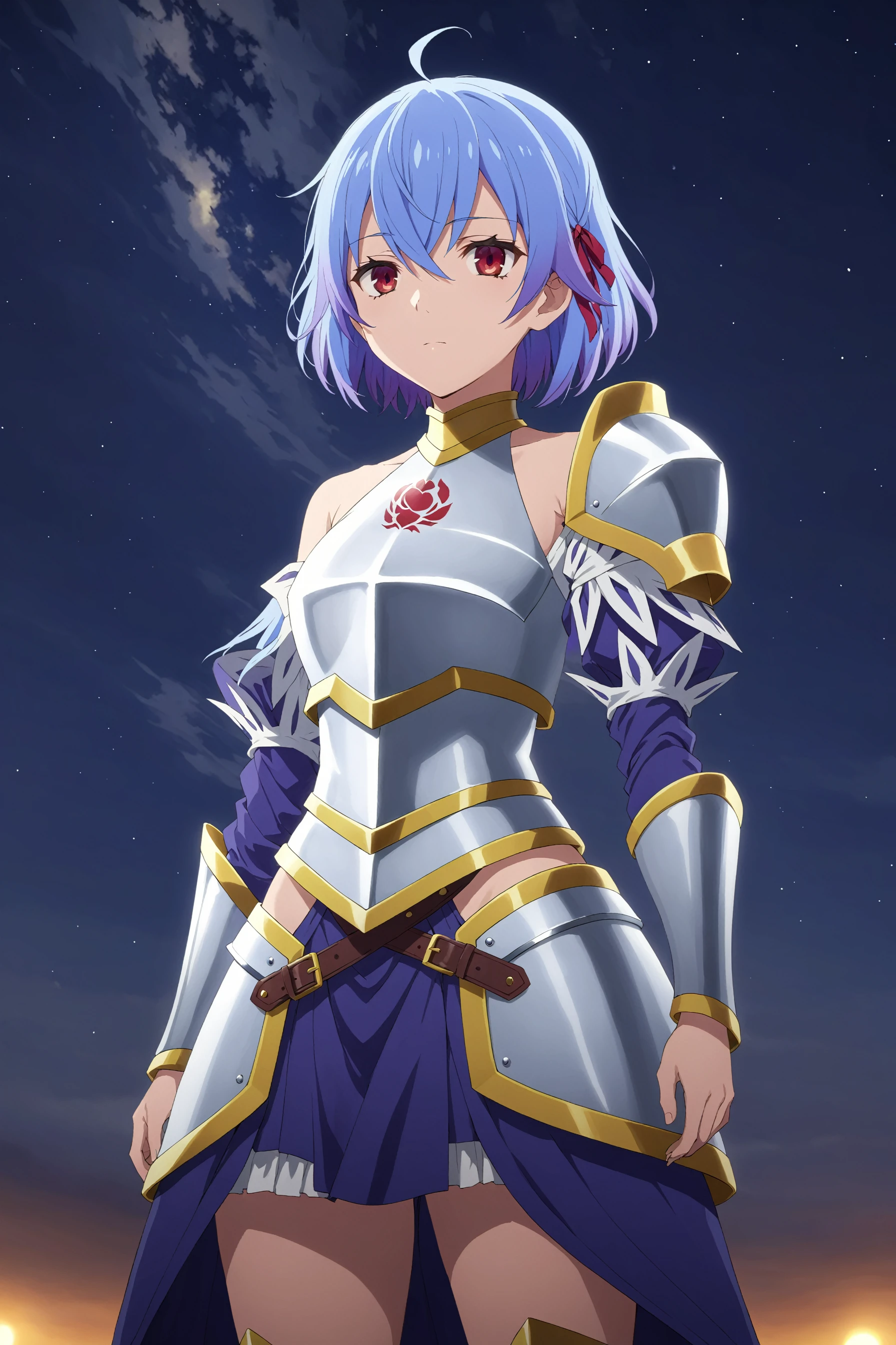 standing, rutiragnason, blue hair, red eyes, short hair, breastplate, armored dress, single pauldron, detached sleeves, night sky in the background <lora:ruti-animaginexl-1-000008:0.6>