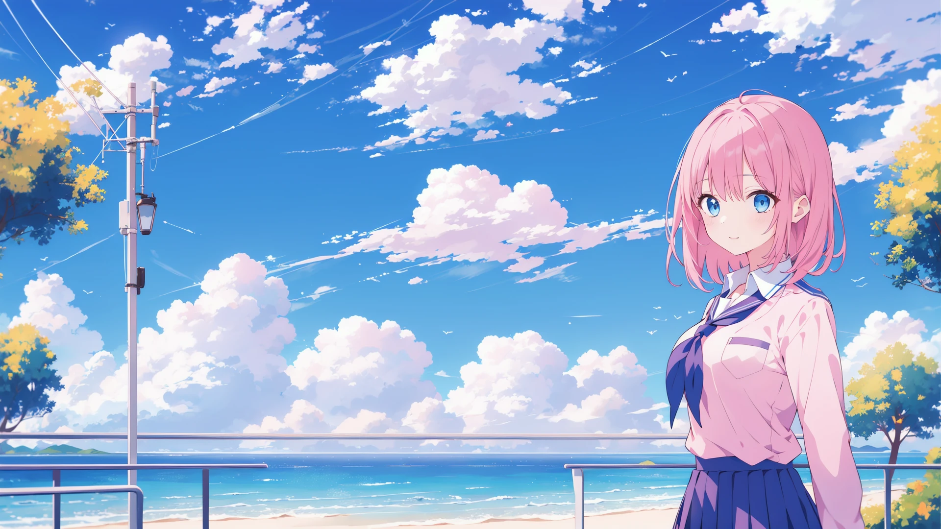 1girl,solo, 1girl, solo, pink hair, blue eyes, outdoors, uniform, upper body, blue sky, scenery, horizon, school uniform,