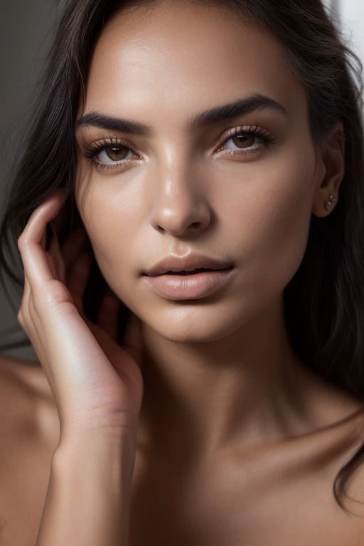 colombian fashion model 35 years old, [[[[closeup]]]], [[[[chest]]]], [[[[neck]]]], [[[[shoulders]]]], perfect eyes, perfect iris, perfect lips, perfect teeth, perfect skin, voluptuous body type, soft side light, glow, low key, chiaroscuro, (muted colors:1.2)