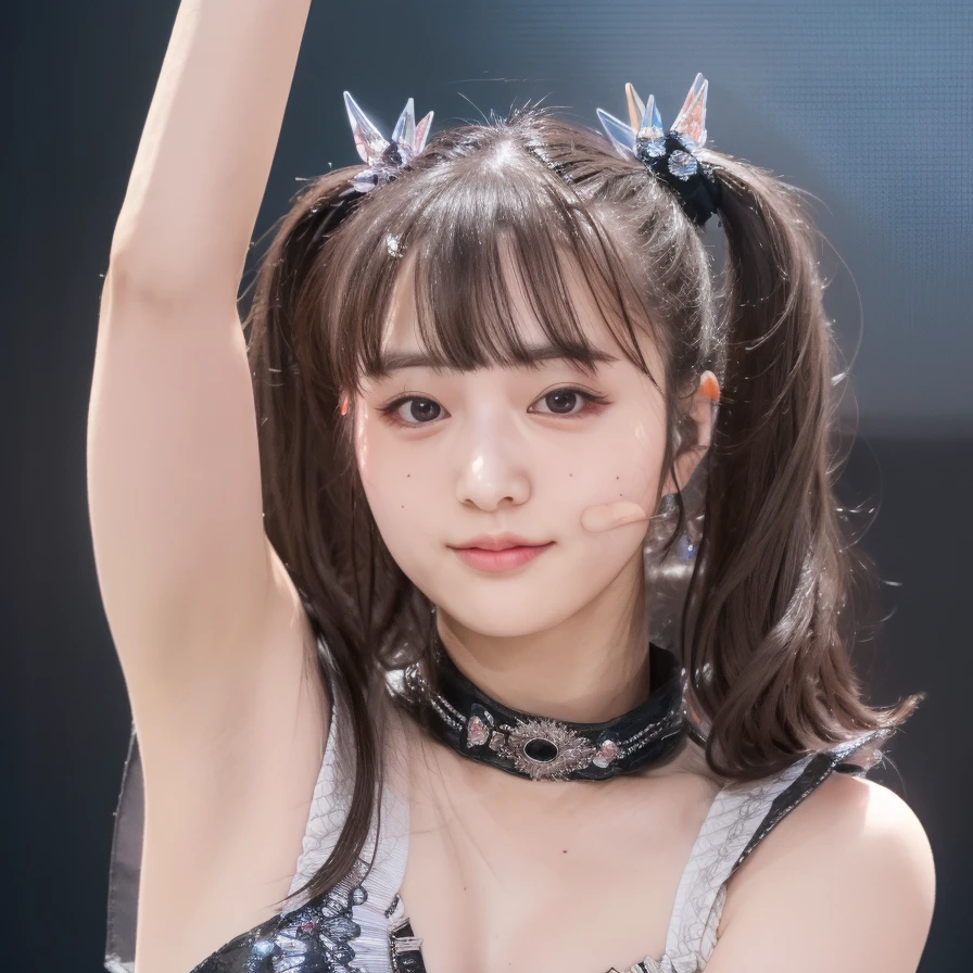 1girl,masterpiece, photorealistic, detailed, RAW color photo,(fully in frame:1.1),<lora:m0akiku_256_16:1.3>,m0akiku,bangs, pigtails, detailed skin texture, (blush:0.5), (goosebumps:0.5),woman, holding a microphone in his hand