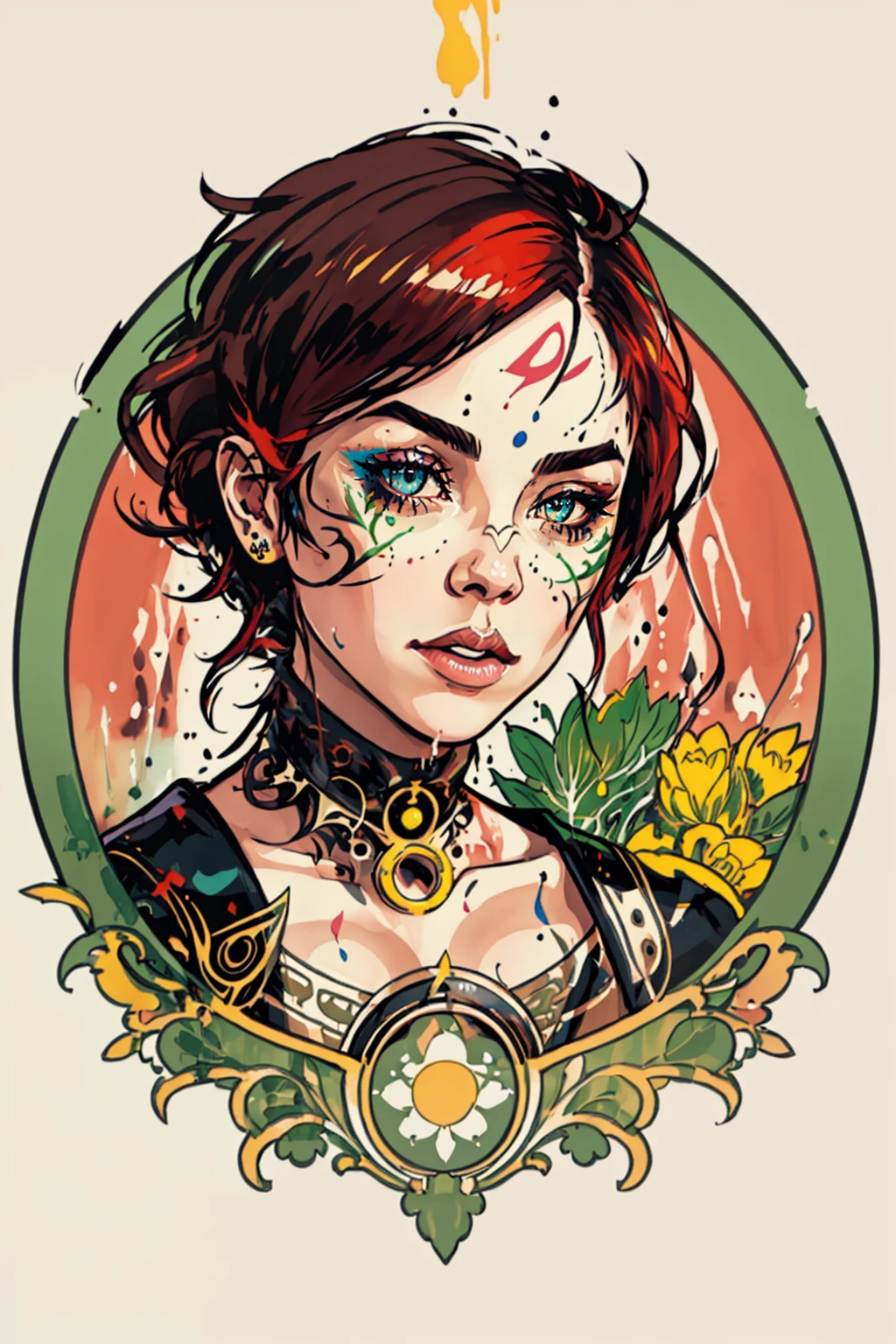 dskinkpunk, Inkpunk, Inked, ink splashes, a woman as a beautiful goddess, beautiful intricate filegrid facepaint, intricate, elegant, illustration, masterpiece, best quality, ((detailed oval face)), ((award winning)), (High Detail), intricate, colors, random dripping paint, splashes, Vaguely inspired by Gorillaz, FLCL, and Yoji Shinkawa, <lora:Duskfall_InkPunk:0.5>
