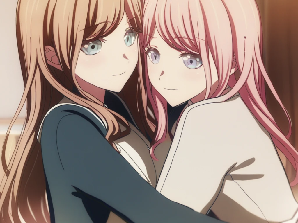 masterpiece, best quality, <lora:ALL:1>,The two girls are hugï¼ooking at viewer. One is named Nagasaki Soyo, and she has brown hair and blue eyes. The other one is Anon Chihaya, and she has pink hair and grey eyes,