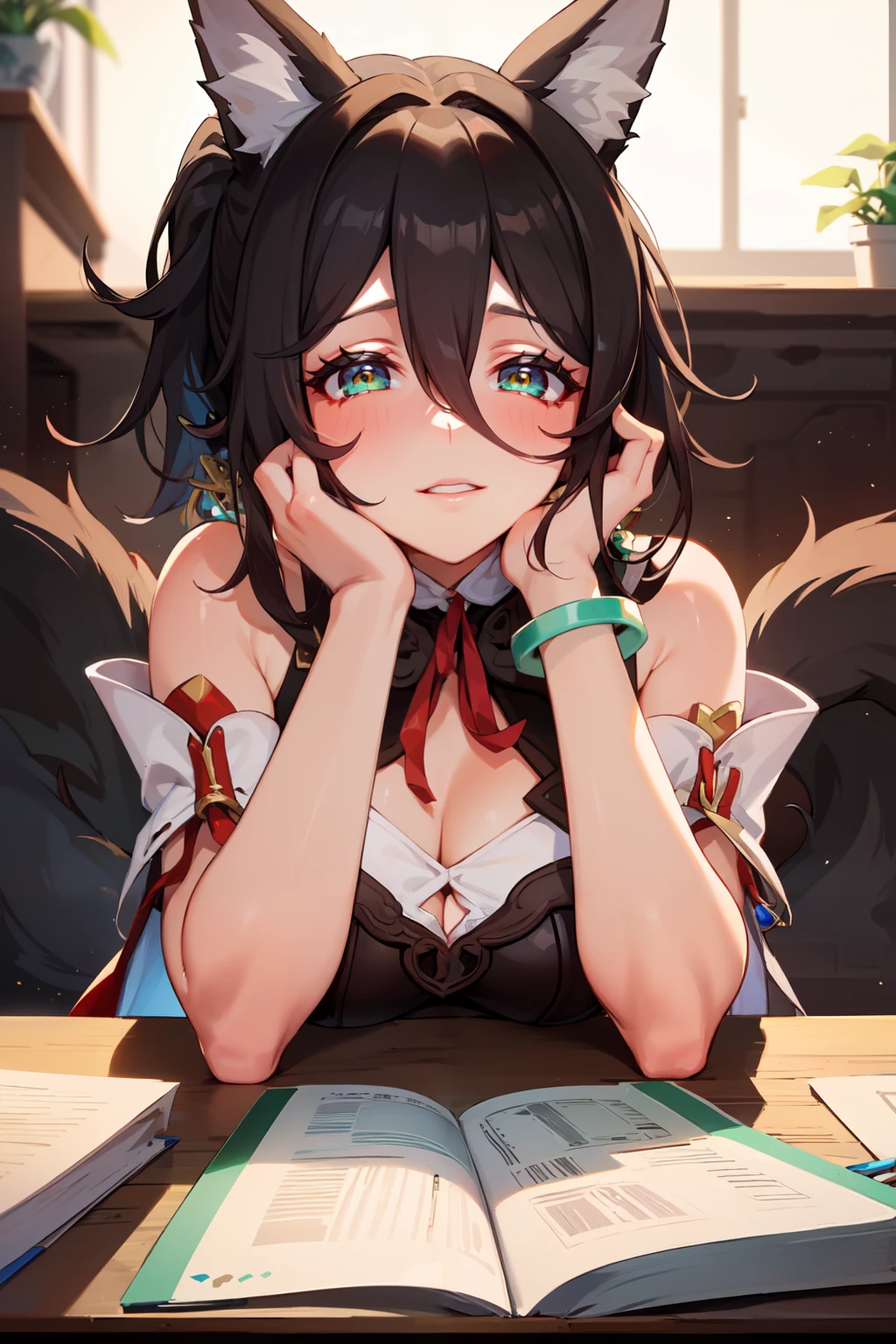 1girl, solo, (masterpiece, best quality:1.4), extremely detailed face, perfect lighting, <lyco:GoodHands-beta2:0.5>, <lora:tingyunhsr:1>, tingyunhsr, green eyes, hair between eyes, ponytail, animal ears, fox tail, jewelry, dress, cleavage, bracelet, clothing cutout, desk, hands on own face,