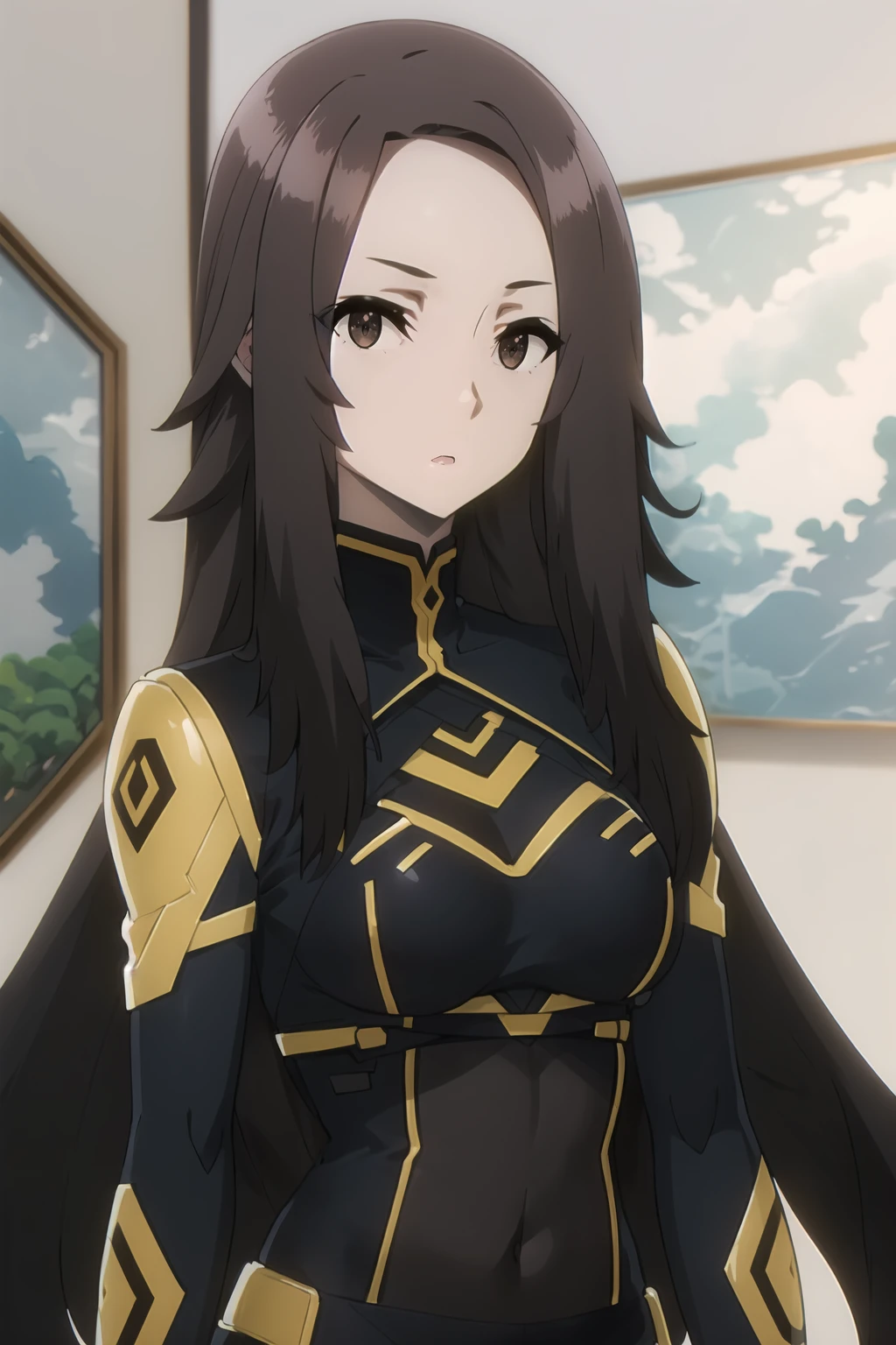 <lora:Nu_KNJ:1> nudef, brown hair, brown eyes, long hair, upper body, portrait, looking at viewer, 
bodysuit, black bodysuit, covered navel, expressionless,