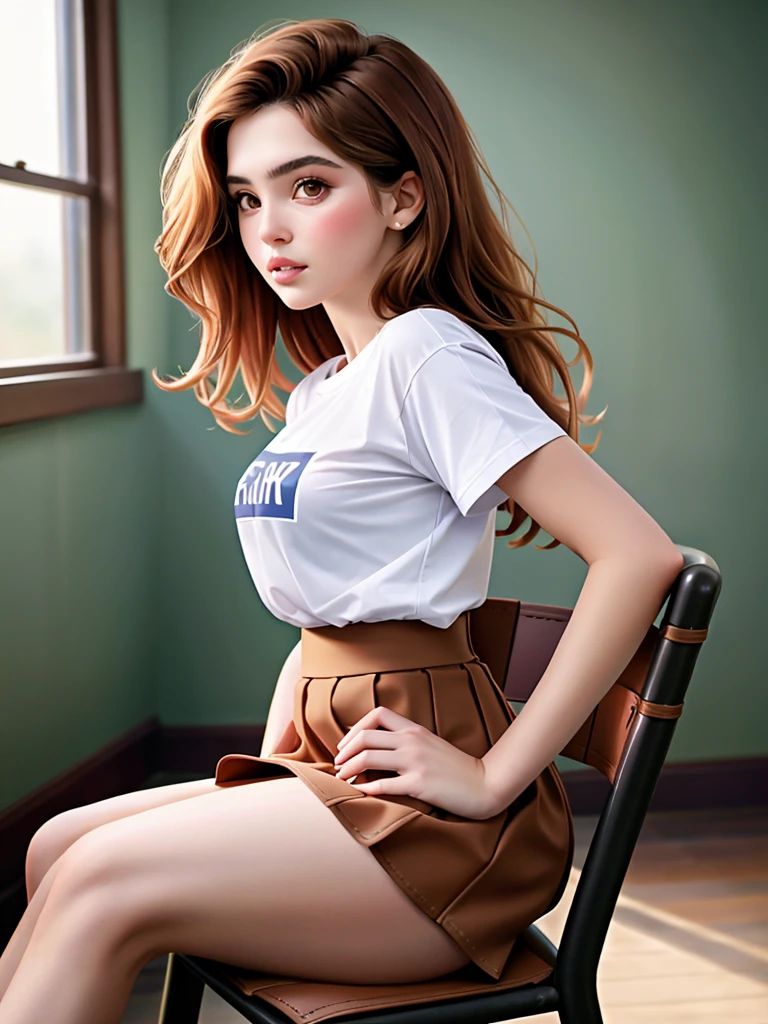Realistic photo of a beautiful z03yd woman,1girl,solo,long hair,skirt,brown hair,shirt,brown eyes,sitting,white shirt,short sleeves,parted lips,lips,looking to the side,chair,t-shirt,clothes writing,hands on hips,brown skirt,realistic, soft lighting, professional Photography, Photorealistic, detailed, RAW, analog, sharp focus, 8k, HD, high quality, masterpiece<lora:z03yd:1.0>