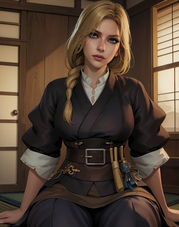 Maria,blonde hair,blue eye,braid over shoulder,single braid,
pants,belt,
brown dress,
sitting,
indoors,
edo_japan,underworld,
(insanely detailed, beautiful detailed face, masterpiece, best quality),solo,<lora:maria:0.8>,
