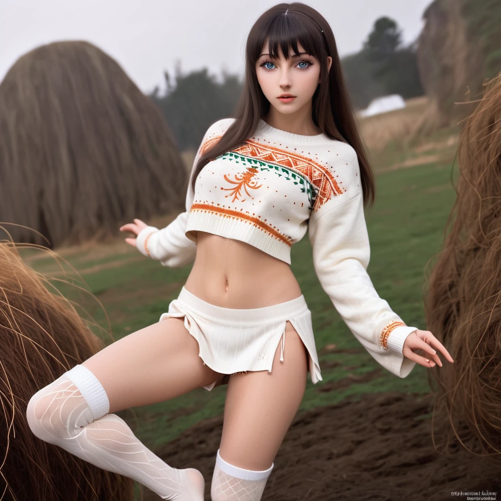 (anime background), a women, ((straddling to hit her crotch on the corner of the wooden table to masturbate)), small breast, shirt, areola, nipples, (emphasizes the shape of breast and crotch), panties dig into crotch, (blush), (open legs, raise leg), open mouth, (detail moist panties are visible), ((ecstasy face)), slut, (masturbate), necklace, earrings, dropping eyes, sleepy, pubic hair visible, knit hat, fluffy, snow town, mountain, mittens,
