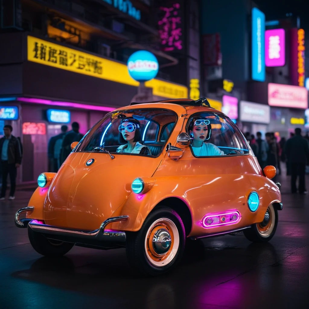 cinematic photo a bubble car, cyberpunk background, neon lights <lora:Isetta1024:0.8> . 35mm photograph, film, bokeh, professional, 4k, highly detailed
