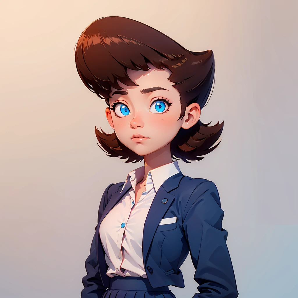 solo, portrait, 1girl, Lila test, formal, suit, jacket, blue skirt, pencil skirt , blue eyes, brown hair, white shirt, short hair, <lora:Lila_Test_Leaf2:0.65>, gradient background,