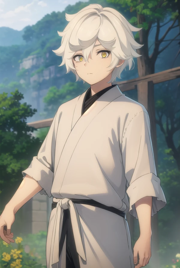 gabimaru, <lora:gabimaru s1-lora-nochekaiser:1>,
gabimaru, short hair, (yellow eyes:1.3), white hair, male focus,
BREAK japanese clothes, pants, sandals,
BREAK outdoors, forest, nature, sky, sun, clouds,
BREAK looking at viewer, (cowboy shot:1.5),
BREAK <lyco:GoodHands-beta2:1>, (masterpiece:1.2), best quality, high resolution, unity 8k wallpaper, (illustration:0.8), (beautiful detailed eyes:1.6), extremely detailed face, perfect lighting, extremely detailed CG, (perfect hands, perfect anatomy),